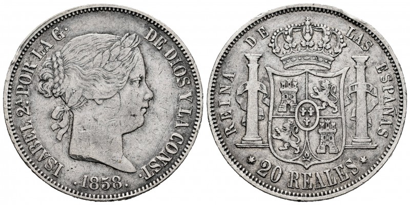 Elizabeth II (1833-1868). 20 reales. 1858. Madrid. (Cal-615). Ag. 25,82 g. Nicks...