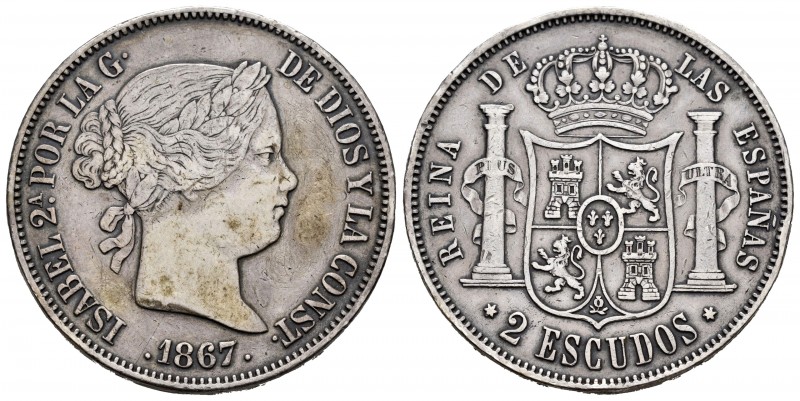 Elizabeth II (1833-1868). 2 escudos. 1867. Madrid. (Cal-647). Ag. 25,86 g. Scrat...