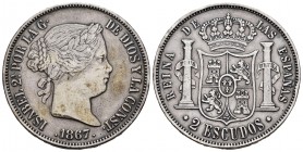 Elizabeth II (1833-1868). 2 escudos. 1867. Madrid. (Cal-647). Ag. 25,86 g. Scratches on obverse. Minor nicks on edge. VF/Choice VF. Est...110,00. 

SP...