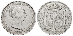 Elizabeth II (1833-1868). 20 reales. 1854. Sevilla. (Cal-629). Ag. 25,90 g. Almost VF/VF. Est...120,00. 

SPANISH DESCRIPTION: Isabel II (1833-1868). ...