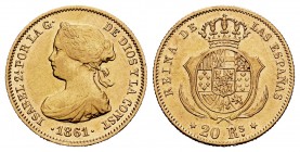 Elizabeth II (1833-1868). 20 reales. 1861. Madrid. (Cal-672). Au. 1,67 g. Choice VF. Est...200,00. 

SPANISH DESCRIPTION: Isabel II (1833-1868). 20 re...