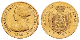 Elizabeth II (1833-1868). 2 escudos. 1865. Madrid. (Cal-675). Au. 1,68 g. Choice VF. Est...175,00. 

SPANISH DESCRIPTION: Isabel II (1833-1868). 2 esc...