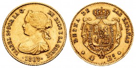 Elizabeth II (1833-1868). 4 escudos. 1867. Madrid. (Cal-691). Au. 3,38 g. Choice VF. Est...160,00. 

SPANISH DESCRIPTION: Isabel II (1833-1868). 4 esc...
