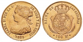 Elizabeth II (1833-1868). 100 reales. 1859. Barcelona. (Cal-770). Au. 8,35 g. XF/AU. Est...360,00. 

SPANISH DESCRIPTION: Isabel II (1833-1868). 100 r...