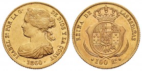 Elizabeth II (1833-1868). 100 reales. 1860. Barcelona. (Cal-772). Au. 8,36 g. AU. Est...350,00. 

SPANISH DESCRIPTION: Isabel II (1833-1868). 100 real...