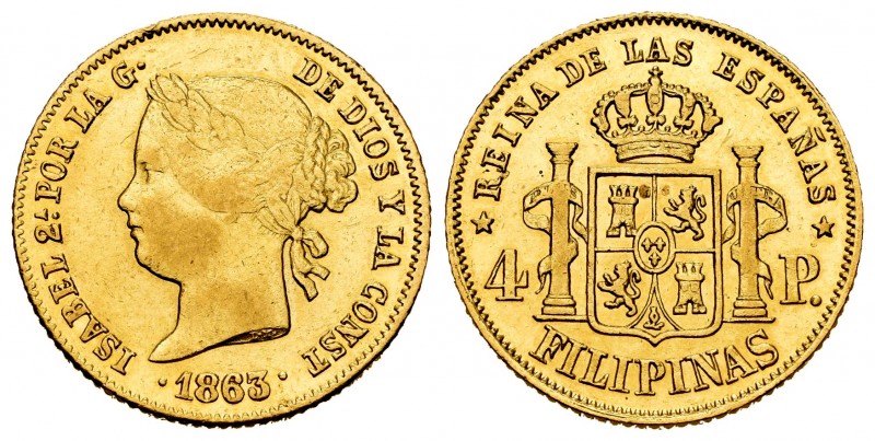 Elizabeth II (1833-1868). 4 pesos. 1863/53. Manila. (Cal-855). Au. 6,76 g. Overd...