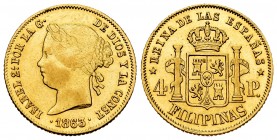 Elizabeth II (1833-1868). 4 pesos. 1863/53. Manila. (Cal-855). Au. 6,76 g. Overdate. Choice VF/Almost XF. Est...350,00. 

SPANISH DESCRIPTION: Isabel ...
