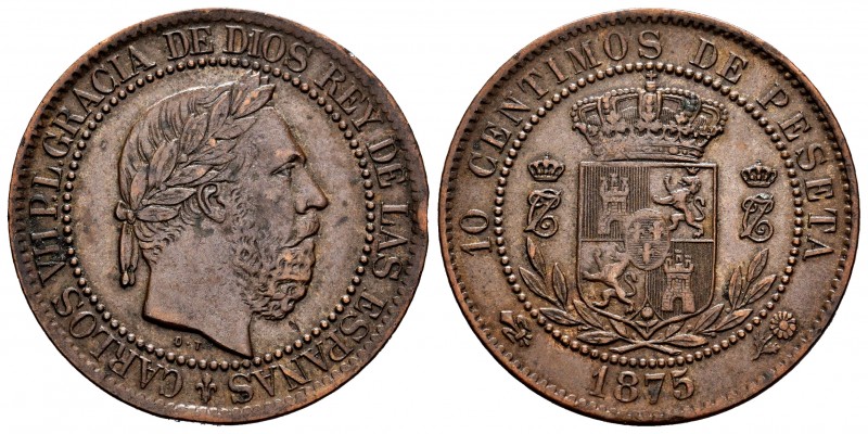 Charles VII (1872-1876). 10 centimos. 1875. Oñate. (Cal-6). Ae. 10,25 g. Nicks o...