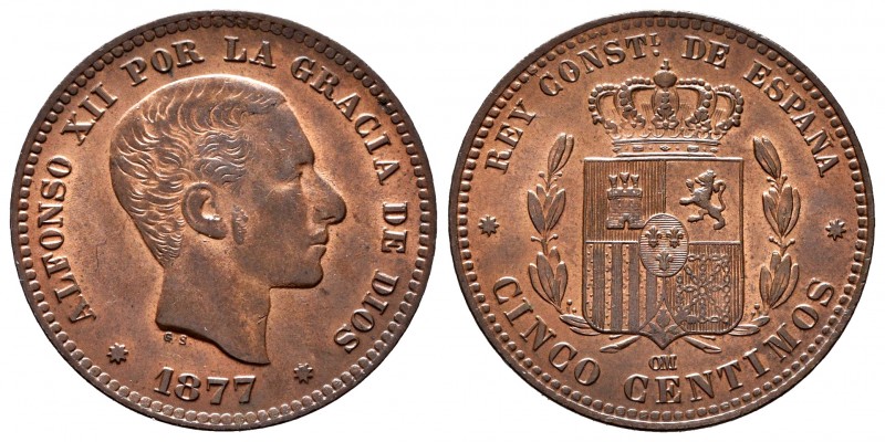 Alfonso XII (1874-1885). 5 céntimos. 1877. Barcelona. OM. (Cal-4). Ae. 4,93 g. X...