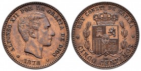 Alfonso XII (1874-1885). 5 céntimos. 1878. Barcelona. OM. (Cal-5). Ae. 5,06 g. Almost XF. Est...90,00. 

SPANISH DESCRIPTION: Alfonso XII (1874-1885)....