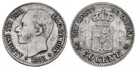 Alfonso XII (1874-1885). 50 centimos. 1880*8-0. Madrid. MSM. (Cal-11). Ag. 2,51 g. Almost XF. Est...65,00. 

SPANISH DESCRIPTION: Alfonso XII (1874-18...