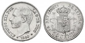 Alfonso XII (1874-1885). 50 centimos. 1880*8-0. Madrid. MSM. (Cal-11). Ag. 2,46 g. Almost UNC. Est...125,00. 

SPANISH DESCRIPTION: Alfonso XII (1874-...