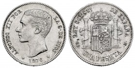 Alfonso XII (1874-1885). 1 peseta. 1876*18-76. Madrid. DEM. (Cal-15). Ag. 4,98 g. Slightly cleaned. XF/Almost XF. Est...250,00. 

SPANISH DESCRIPTION:...