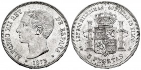 Alfonso XII (1874-1885). 5 pesetas. 1875*18-75. Madrid. DEM. (Cal-35). Ag. 24,94 g. Minor nicks on edge and hairlines on obverse. Original luster. AU....