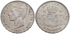 Alfonso XII (1874-1885). 5 pesetas. 1881*18-81. Madrid. MSM. (Cal-44). Ag. 25,01 g. Choice VF. Est...75,00. 

SPANISH DESCRIPTION: Alfonso XII (1874-1...
