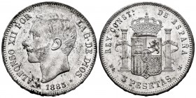 Alfonso XII (1874-1885). 5 pesetas. 1885*18-85. Madrid. DEM. (Cal-60). Ag. 25,03 g. Some original luster remaining. Almost XF. Est...60,00. 

SPANISH ...