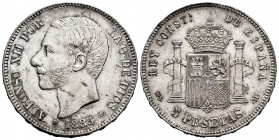 Alfonso XII (1874-1885). 5 pesetas. 1885*18-87. Madrid. DEM. (Cal-62). Ag. 25,00 g. Choice VF/Almost XF. Est...65,00. 

SPANISH DESCRIPTION: Alfonso X...