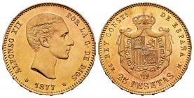 Alfonso XII (1874-1885). 25 pesetas. 1877*18-77. Madrid. DEM. (Cal-68). Au. 8,06 g. Original luster. Minor hairlines on obverse. Almost UNC. Est...360...