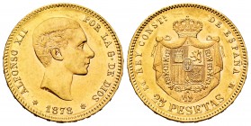 Alfonso XII (1874-1885). 25 pesetas. 1878*18-78. Madrid. DEM. (Cal-70). Au. 8,07 g. AU. Est...350,00. 

SPANISH DESCRIPTION: Alfonso XII (1874-1885). ...