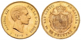 Alfonso XII (1874-1885). 25 pesetas. 1878*18-78. Madrid. EMM. (Cal-71). Au. 8,08 g. AU. Est...350,00. 

SPANISH DESCRIPTION: Alfonso XII (1874-1885). ...