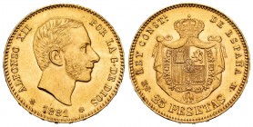Alfonso XII (1874-1885). 25 pesetas. 1881*18-81. Madrid. MSM. (Cal-82). Au. 8,05 g. Minor nick on edge. Almost UNC. Est...420,00. 

SPANISH DESCRIPTIO...