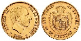 Alfonso XII (1874-1885). 25 pesetas. 1883*18-83. Madrid. MSM. (Cal-87). Au. 8,05 g. Scarce. Choice VF/Almost XF. Est...420,00. 

SPANISH DESCRIPTION: ...