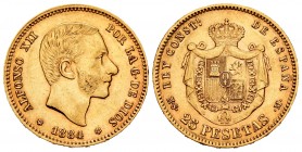 Alfonso XII (1874-1885). 25 pesetas. 1884*18-84. Madrid. MSM. (Cal-89). Au. 8,05 g. Scarce. Choice VF. Est...450,00. 

SPANISH DESCRIPTION: Alfonso XI...