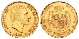 Alfonso XII (1874-1885). 25 pesetas. 1884*18-84. Madrid. MSM. (Cal-89). Au. 8,02 g. Traces of welding at 12 o´clock. Knocks. Choice VF. Est...320,00. ...