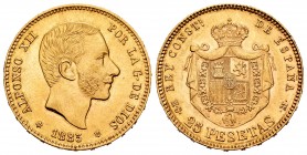 Alfonso XII (1874-1885). 25 pesetas. 1885*18-85. Madrid. MSM. (Cal-90). Au. 8,04 g. Minor nicks on edge. Very rare. XF. Est...2000,00. 

SPANISH DESCR...