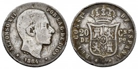 Alfonso XII (1874-1885). 20 centavos. 1884. Manila. (Cal-110). Ag. 4,86 g. Scarce. Choice F. Est...60,00. 

SPANISH DESCRIPTION: Alfonso XII (1874-188...