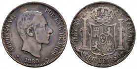 Alfonso XII (1874-1885). 50 centavos. 1880. Manila. (Cal-112). Ag. 12,75 g. Repaired welding at 12 o´clock. Rare. Almost VF. Est...150,00. 

SPANISH D...