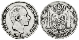 Alfonso XII (1874-1885). 50 centavos. 1881. Manila. (Cal-114). Ag. 12,93 g. Almost VF. Est...40,00. 

SPANISH DESCRIPTION: Alfonso XII (1874-1885). 50...