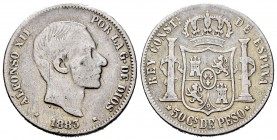 Alfonso XII (1874-1885). 50 centavos. 1883. Manila. (Cal-120). Ag. 12,59 g. F. Est...25,00. 

SPANISH DESCRIPTION: Alfonso XII (1874-1885). 50 centavo...