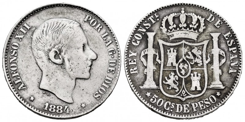 Alfonso XII (1874-1885). 50 centavos. 1884. Manila. (Cal-121). Ag. 12,60 g. Rare...
