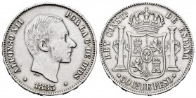 Alfonso XII (1874-1885). 50 centavos. 1885. Manila. (Cal-124). Ag. 12,86 g. Cleaned. VF/VF. Est...40,00. 

SPANISH DESCRIPTION: Alfonso XII (1874-1885...