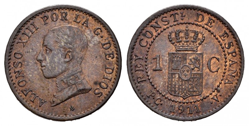 Alfonso XIII (1886-1931). 1 centimo. 1911*1. Madrid. PCV. (Cal-3). Ae. 1,01 g. X...