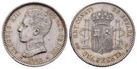 Alfonso XIII (1886-1931). 1 peseta. 1903*19-03. Madrid. SMV. (Cal-67). Ag. 4,96 g. Minor nick on edge. AU. Est...70,00. 

SPANISH DESCRIPTION: Alfonso...