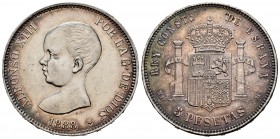Alfonso XIII (1886-1931). 5 pesetas. 1888*18-88. Madrid. MPM. (Cal-92). Ag. 25,00 g. Cleaned obverse. Almost XF/XF. Est...90,00. 

SPANISH DESCRIPTION...