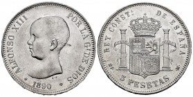 Alfonso XIII (1886-1931). 5 pesetas. 1890*18-90. Madrid. MPM. (Cal). Ag. 24,95 g. Hairlines. Minimal nicks on edge. Almost XF. Est...90,00. 

SPANISH ...