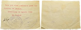 Civil War (1936-1939). Archidona (Málaga). Coupon for 10 Sombreros for the forces of Malaga. Archidona 14 August 1936. Two stamps from the Farmers' an...