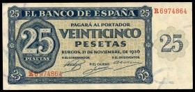 25 pesetas. 1936. Burgos. (Ed 2017-419a). 21 November by Giesecke and Devrient. Serie R. Central bend. XF. Est...35,00. 

SPANISH DESCRIPTION: 25 pese...