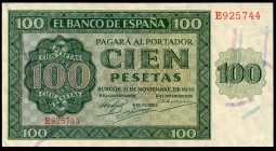 100 pesetas. 1936. Burgos. (Ed 2017-421a). November 21, Burgos Cathedral. Serie E. Central bend. XF. Est...35,00. 

SPANISH DESCRIPTION: 100 pesetas. ...