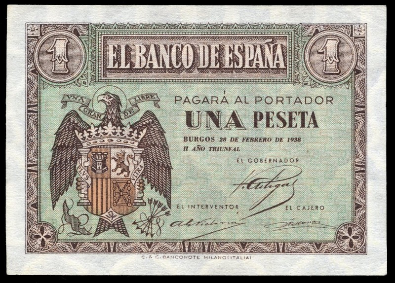1 peseta. 1938. Burgos. (Ed 2017-427a). February 28, shield of Spain. Serie B. F...