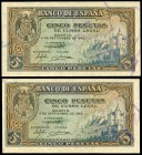5 pesetas. 1940. Madrid. (Ed 2017-443a). September 4, Alcazar of Segovia. Serie F. Almost XF. Est...35,00. 

SPANISH DESCRIPTION: 5 pesetas. 1940. Mad...