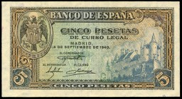5 pesetas. 1940. Madrid. (Ed 2017-443a). September 4, Alcazar of Segovia. Serie F. Central bend. Almost XF. Est...25,00. 

SPANISH DESCRIPTION: 5 pese...