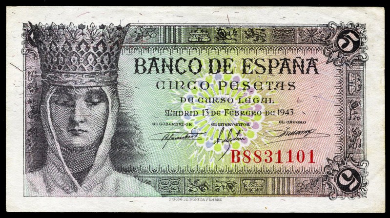 5 pesetas. 1943. Madrid. (Ed 2017-446a). February 13, Isabella the Catholic. Ser...