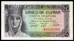 5 pesetas. 1943. Madrid. (Ed 2017-446a). February 13, Isabella the Catholic. Serie B. Central bend. Almost XF. Est...20,00. 

SPANISH DESCRIPTION: 5 p...