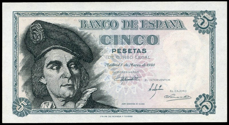 5 pesetas. 1948. Madrid. (Ed 2017-455a). March 5, Juan Sebastián Elcano. Serie F...
