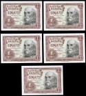 1 peseta. 1953. Madrid. (Ed 2017-465a). July 22, Marquis of Santa Cruz. Serie Y. Five correlative banknotes. UNC. Est...20,00. 

SPANISH DESCRIPTION: ...