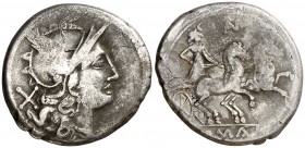 (hacia 194-190 a.C.). Gens Aurelia. Denario. (Bab. 1) (Craw. 136/1). 3,80 g. BC+.